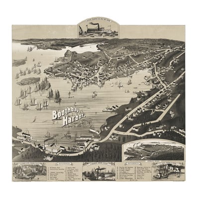 Boothbay harbor, maine in 1885 - bird's eye view map, aerial, panorama, vintage, antique, reproduction, giclée, fine art, wall art, history
