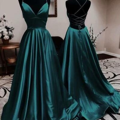 Spaghetti strap dark green stain long prom dress with lace up 