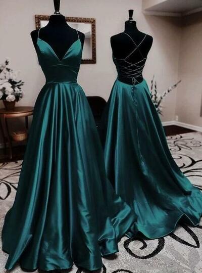 Spaghetti Strap Dark Green Stain Long Prom Dress With Lace Up 
