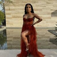 Sexy Sleeveless High Slit Lace Tulle Ruffle Evening Dresses - Thumbnail 1