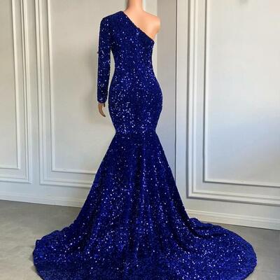 Mermaid one shoulder royal blue sequin sparkly prom dresses