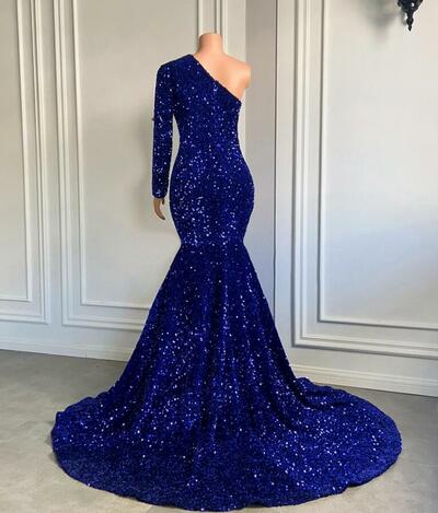 Mermaid One Shoulder Royal Blue Sequin Sparkly Prom Dresses