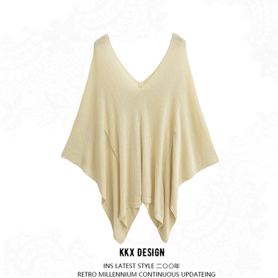 Double v-neck front and back loose thick knitted dropped shoulder blouse