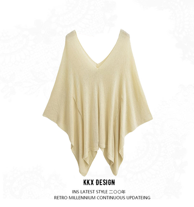 Double V-neck front and back loose thick knitted dropped shoulder blouse