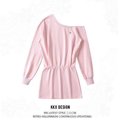 Off-shoulder collarbone exposed fashionable waist sweater dress - Thumbnail 2