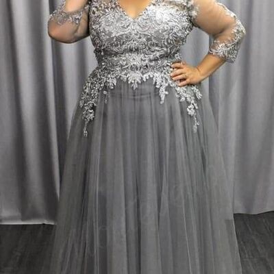Plus size elegant grey mother of bride/ groom dress simple lace evening formal gowns prom dress