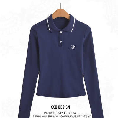 Retro preppy style lapel long-sleeved t-shirt top