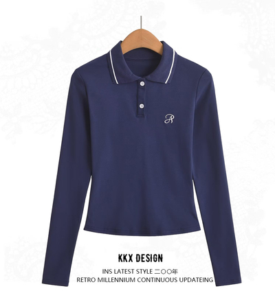 Retro preppy style lapel long-sleeved T-shirt top