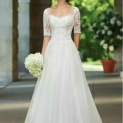 Simple scop neck lace short sleeve beach boho wedding dress bridal gown