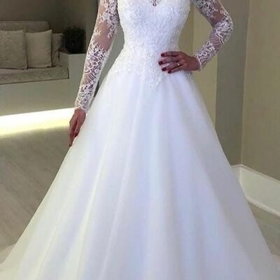 Elegant high neck long sleeve lace appliques wedding dress bridal gown - Thumbnail 2
