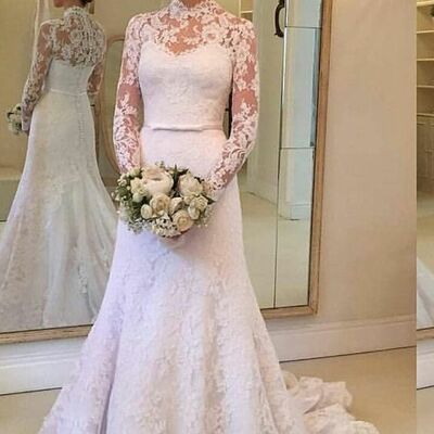 Elegant high neck long sleeve lace appliques wedding dress bridal gown