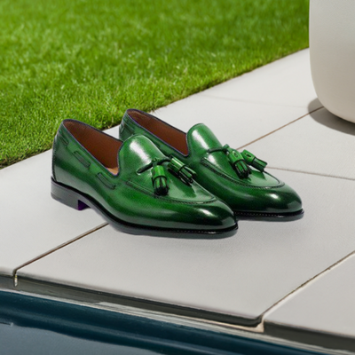 Men's Green Leather Dress Shoes Slip on Tassel Loafers, Moccasins Shoes