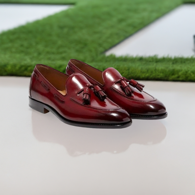 Men's burgundy leather dress shoes, burgundy red slip on tassel loafers, moccasins shoes