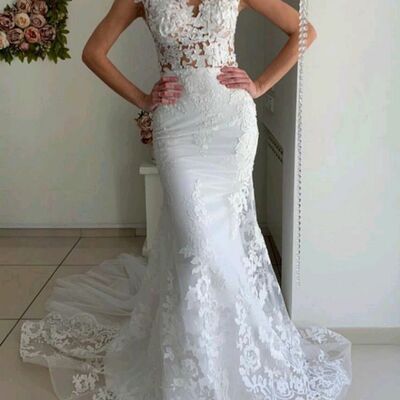 Elegant mermaid lace appliques wedding dress bridal gown