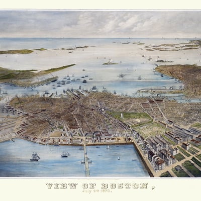 Boston, ma in 1870 - bird's eye view map, aerial, panorama, vintage, antique, reproduction, giclée, framable, fine art