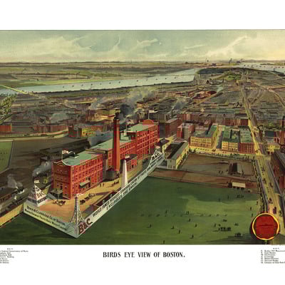 View of boston, ma in 1902 - beach & clarridge co., makers of soda water flavors - bird's eye, panorama, vintage, antique, reproduction art