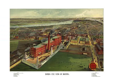 View of Boston, MA in 1902 - Beach & Clarridge Co., Makers of Soda Water Flavors - Bird's Eye, Panorama, Vintage, Antique, Reproduction Art