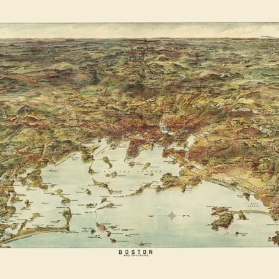 Boston, ma and environs in 1905 - bird's eye view map, aerial map, panorama, vintage, antique map, reproduction, giclée, framable, fine art