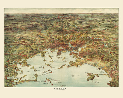 Boston, MA and Environs in 1905 - Bird's Eye View Map, Aerial Map, Panorama, Vintage, Antique Map, Reproduction, Giclée, Framable, Fine Art