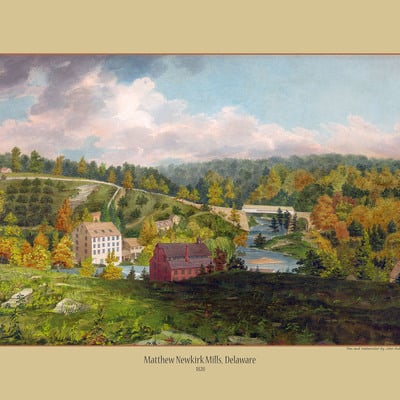 Mill on the brandywine creek, delaware in 1828 - bird's eye view, watercolor, vintage, antique, reproduction, fine art, wall art