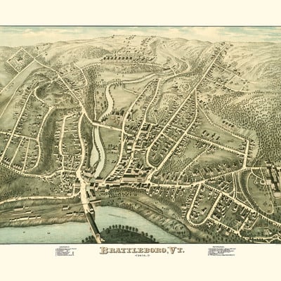 Brattleboro, vermont in 1876 - bird's eye view, aerial map, panorama, vintage, antique map, reproduction, giclée, framable map, fine art