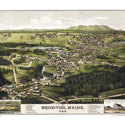 Bridgton, maine in 1888 - bird's eye view map, aerial, panorama, vintage, antique, reproduction, giclée, framable, fine art