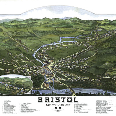 Bristol, nh in 1884 - bird's eye view map, aerial, panorama, vintage, antique, reproduction, giclée, framable, fine art