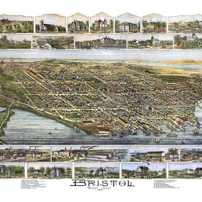 Bristol, rhode island in 1891 - bird's eye view, map, aerial, panorama, vintage, antique, fine art, wall art