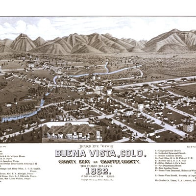 Buena vista, colorado in 1882 - bird's eye view map, aerial map, panorama, vintage, antique map, reproduction, fine art, wall art, history