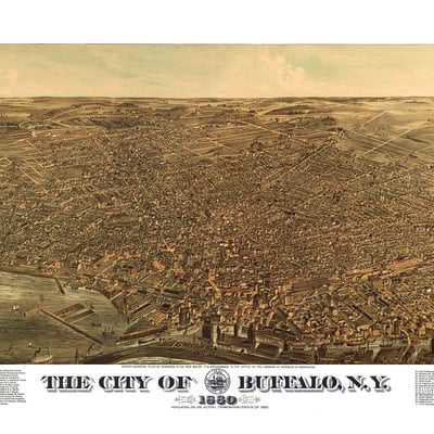 Buffalo, ny in 1880 - bird's eye view map, aerial map, panorama, vintage map, antique map, giclée, framable map, fine art map, wall art