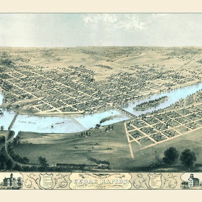 Cedar rapids & kingston, iowa in 1868 - bird's eye view, aerial map, panorama, vintage, antique, giclée, fine art, wall art, history