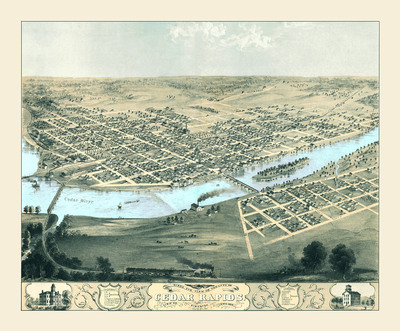 Cedar Rapids & Kingston, Iowa in 1868 - Bird's Eye View, Aerial map, Panorama, Vintage, Antique, Giclée, Fine Art, Wall Art, History