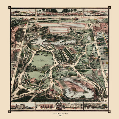 Central park, new york in 1860- bird's eye view, aerial, panorama, vintage, antique map, reproduction, giclée, fine art, wall map, history