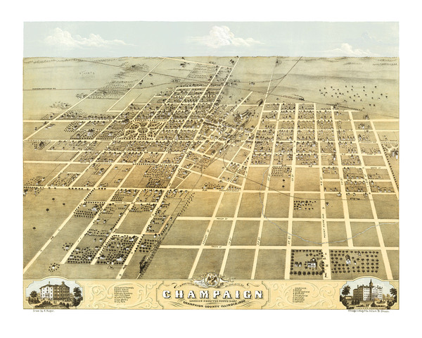 Champaign, Illinois in 1869 - Bird's Eye View, Map, Aerial, Panorama, Vintage, Antique, Reproduction, Giclée, Fine Art, Wall Art, History