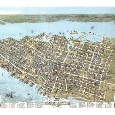 Charleston, south carolina in 1872 - bird's eye view, map, aerial, panorama, vintage, antique, fine art, wall art