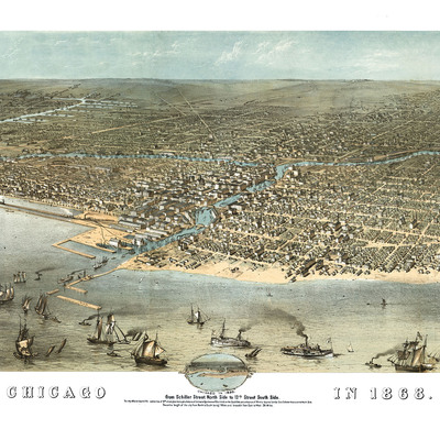 Chicago, il in 1868 - bird's eye view map, aerial map, panorama, vintage map, antique map, reproduction, giclée, framable map, fine art
