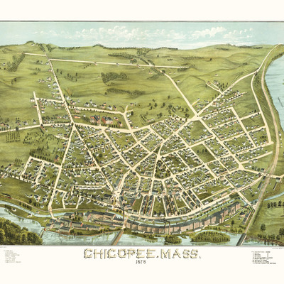 Chicopee, ma in 1878 - bird's eye view map, aerial map, panorama map, vintage map, antique map, reproduction, giclée, framable map, fine art