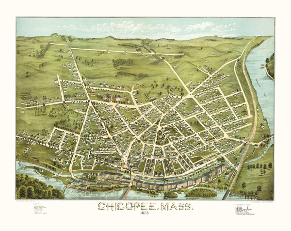 Chicopee, MA in 1878 - Bird's Eye View Map, Aerial Map, Panorama Map, Vintage Map, Antique Map, Reproduction, Giclée, Framable Map, Fine Art