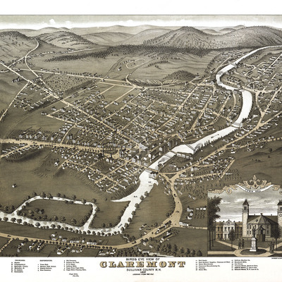 Claremont, nh in 1877 - bird's eye view map, aerial, panorama, vintage, antique, reproduction, giclée, framable, fine art