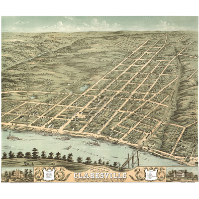 Clarksville, tennessee in 1870 - bird's eye view, map, aerial, panorama, vintage, antique, fine art, wall art, history