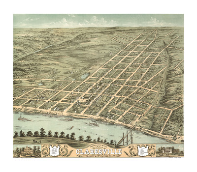 Clarksville, Tennessee in 1870 - Bird's Eye View, Map, Aerial, Panorama, Vintage, Antique, Fine Art, Wall Art, History