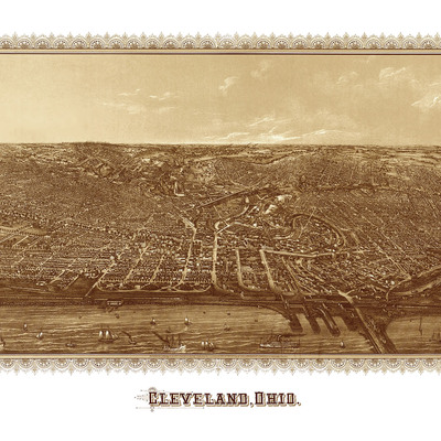 Cleveland, ohio in 1887 - bird's eye view map, aerial, panorama map, vintage map, antique map, reproduction, giclée, framable map, fine art