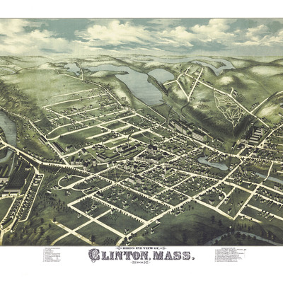 Clinton, ma in 1876 - bird's eye view map, aerial map, panorama map, vintage map, antique map, reproduction, giclée, framable map, fine art