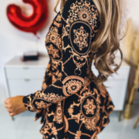 V-Neck Women'S Printed Long Sleeved Dress - Thumbnail 2