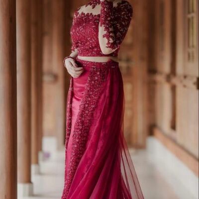 Elegant red mermaid lace appliques wedding dress bridal gown