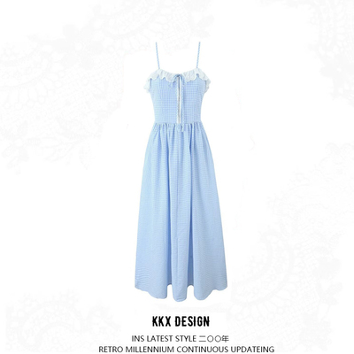 Square neck retro lace stitching suspender dress sweet plaid chic holiday long dress - Thumbnail 3