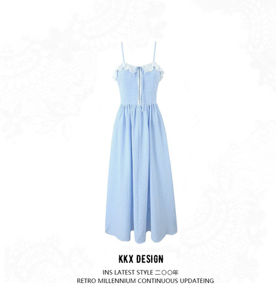 Square neck retro lace stitching suspender dress sweet plaid chic holiday long dress