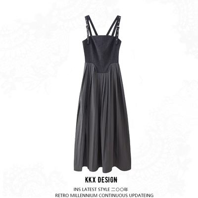 Small pleated tight suspender dress sexy hot girl slit long skirt - Thumbnail 3