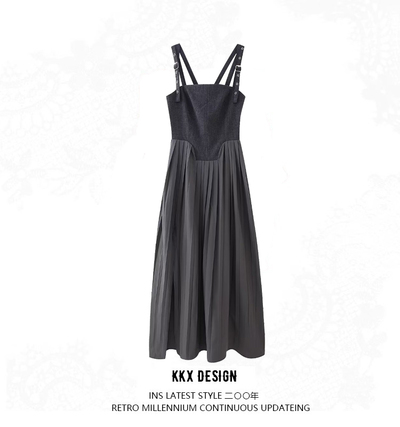 Small pleated tight suspender dress sexy hot girl slit long skirt