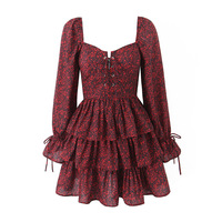 Retro Print Chic Puff Sleeve Cake Dress French Square Neck Halter Short Dress - Thumbnail 2